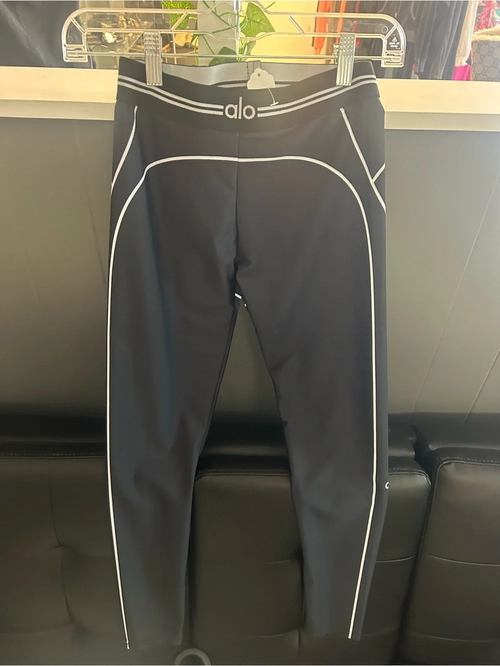 ALO Yoga Black Active Leggings with White Stripe Accents
